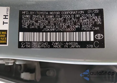 2022 Toyota Prius Le from USA, damaged, VIN JTDKAMFU1N3168050